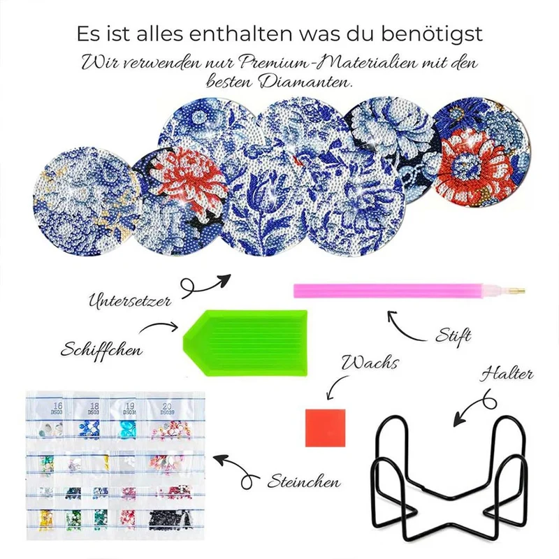 5D Diamond Painting Untersetzer – Blumenmuster Eleganz in Blau und Rot