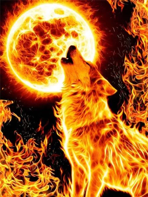 Heulender Wolf mit Mond in Feuer und Flammen - 5D DIY Diamond Painting