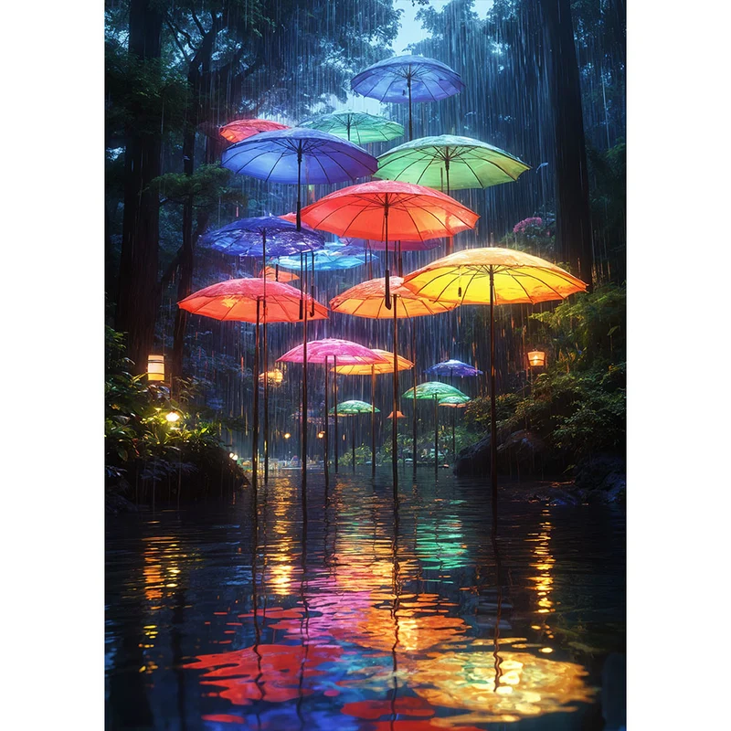 5D Diamond Painting – Schwebende Regenschirme im Zauberwald