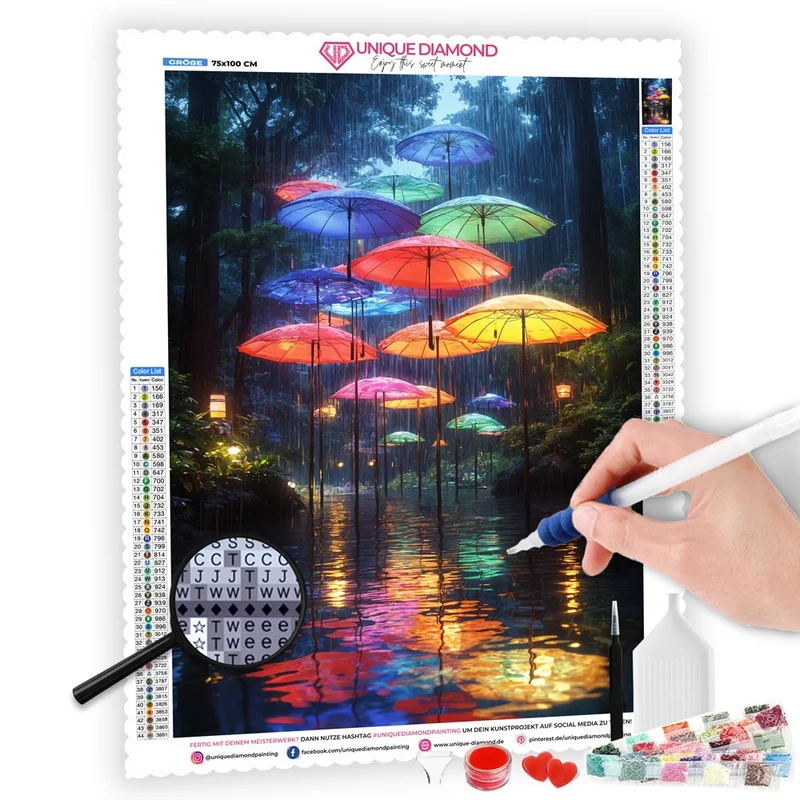 5D Diamond Painting – Schwebende Regenschirme im Zauberwald