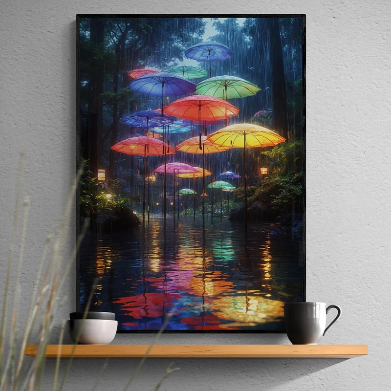 5D Diamond Painting – Schwebende Regenschirme im Zauberwald