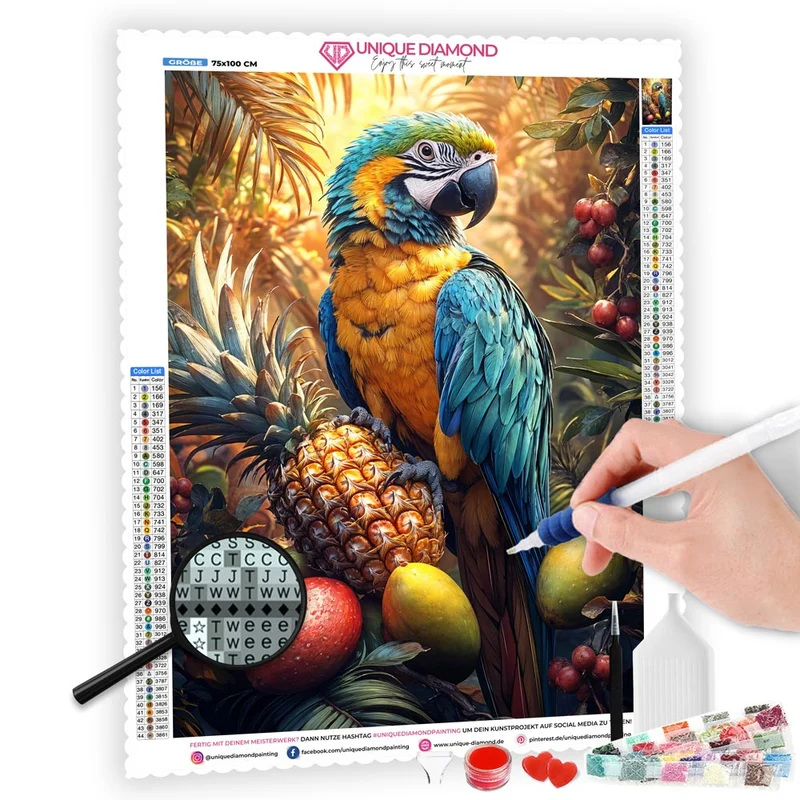 5D Diamond Painting – Tropischer Papagei mit Früchten