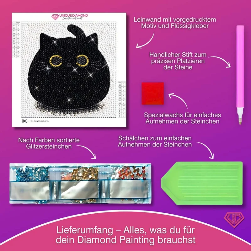 5D Diamond Painting Schwarze Katze mit Strasssteinchen