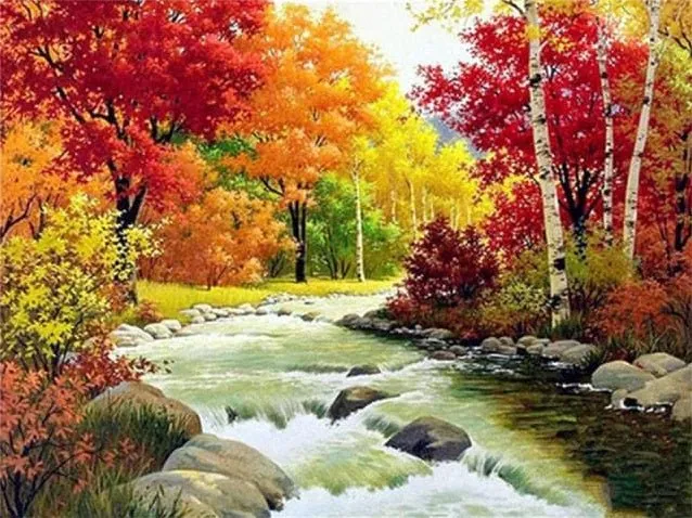 Herbstlandschaft mit wunderschön gefärbten Bäumen am Fluss - 5D DIY Diamond Painting