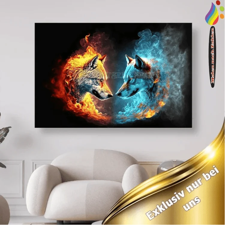 Wolfsköpfe Feuer Wasser- Malen nach Zahlen