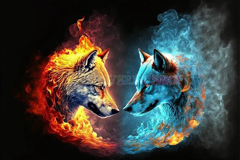 Wolfsköpfe Feuer Wasser- Malen nach Zahlen