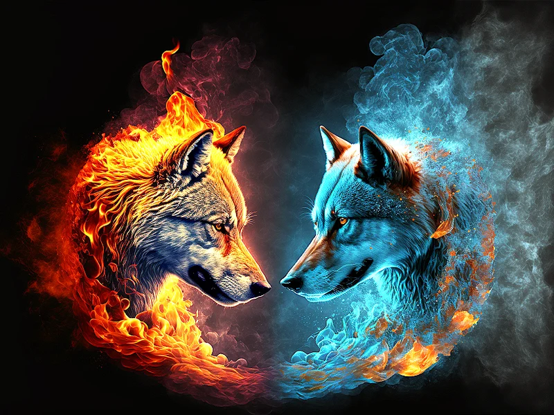 Wolfsköpfe Feuer Wasser- Malen nach Zahlen