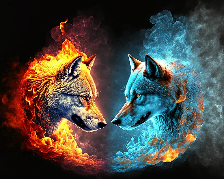 Wolfsköpfe Feuer Wasser- Malen nach Zahlen