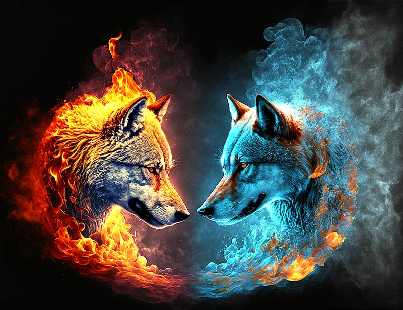 Wolfsköpfe Feuer Wasser- Malen nach Zahlen