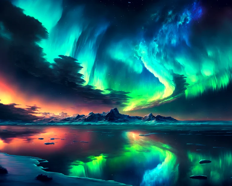 Polarlichter spiegeln sich im Wasser - Malen nach Zahlen