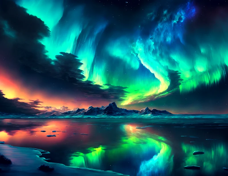Polarlichter spiegeln sich im Wasser - Malen nach Zahlen