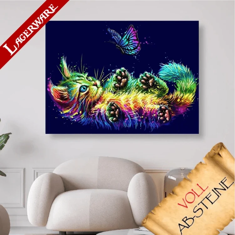 Buntes Kätzchen mit Schmetterling LA - Voll AB 5D DIY Diamond Painting