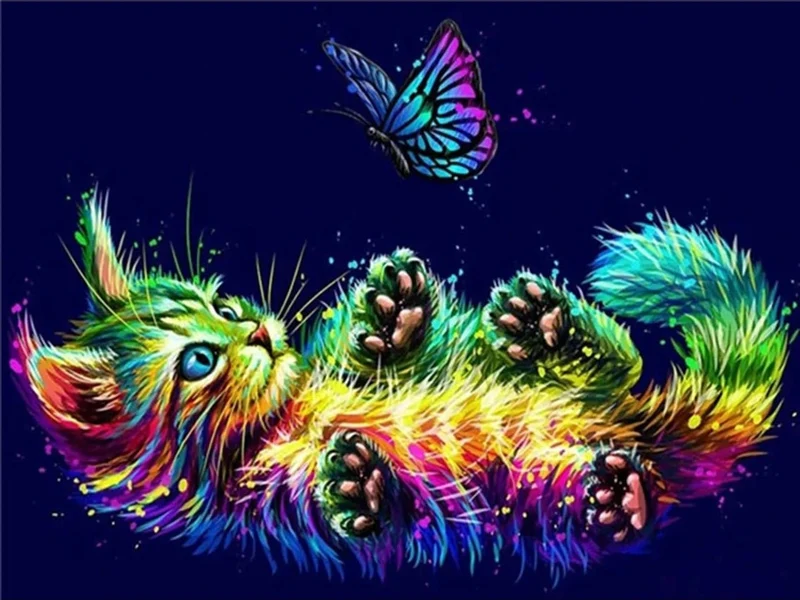 Buntes Kätzchen mit Schmetterling LA - Voll AB 5D DIY Diamond Painting