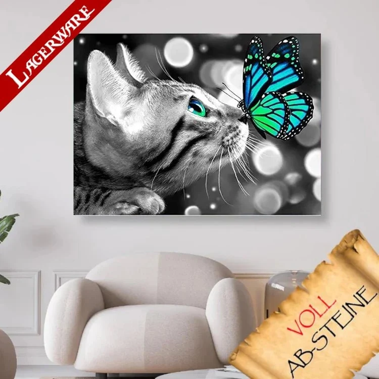 Katze mit Schmetterling auf der Nase LA - Voll AB 5D DIY Diamond Painting