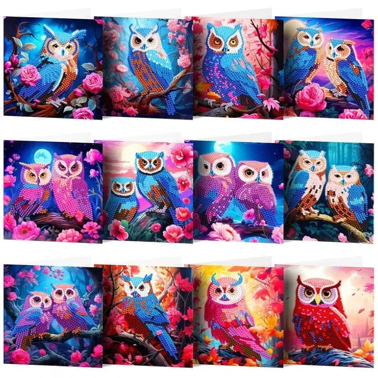 Eulen Diamond Painting Grußkarten (12x) – DIY Karten Set