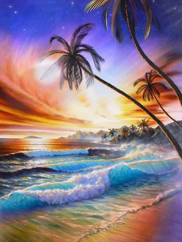 Sonnenuntergang am Meer mit Palmen LA - Voll AB 5D DIY Diamond Painting