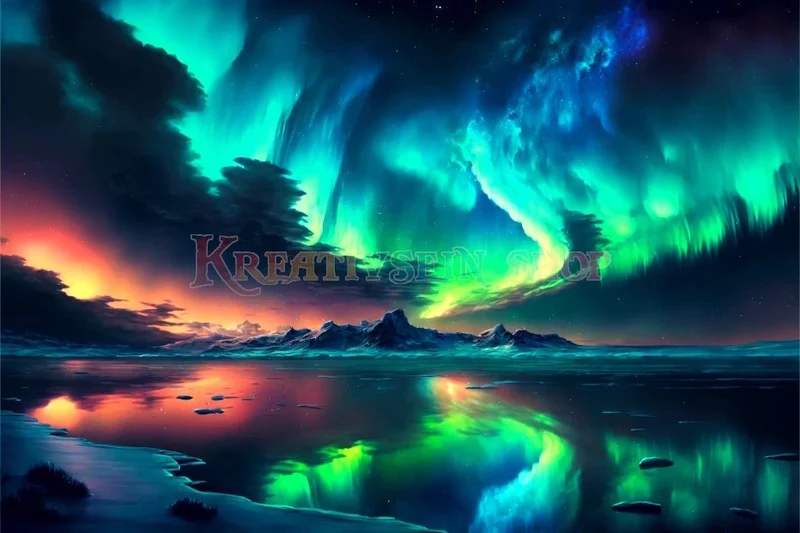 Polarlichter spiegeln sich im Wasser LA - 5D DIY Diamond Painting