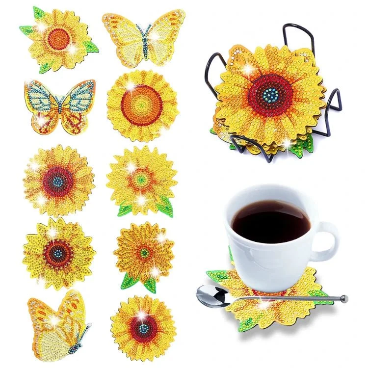 Diamond Painting Untersetzer Sonnenblumen und Schmetterlinge 10er Set DIY Bastelset