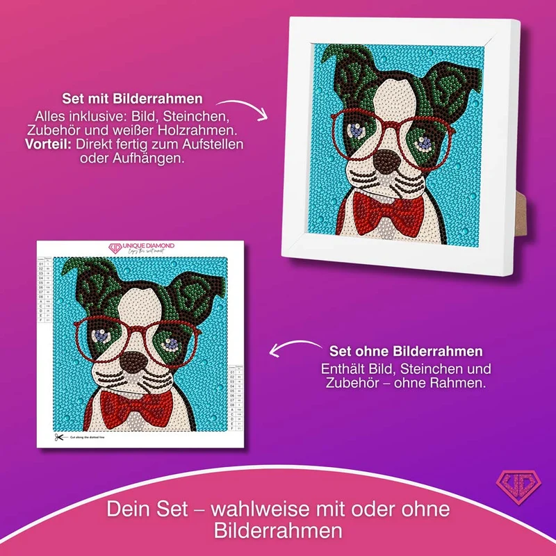 5D Diamond Painting Brillenhund Sir Henry mit Strasssteine