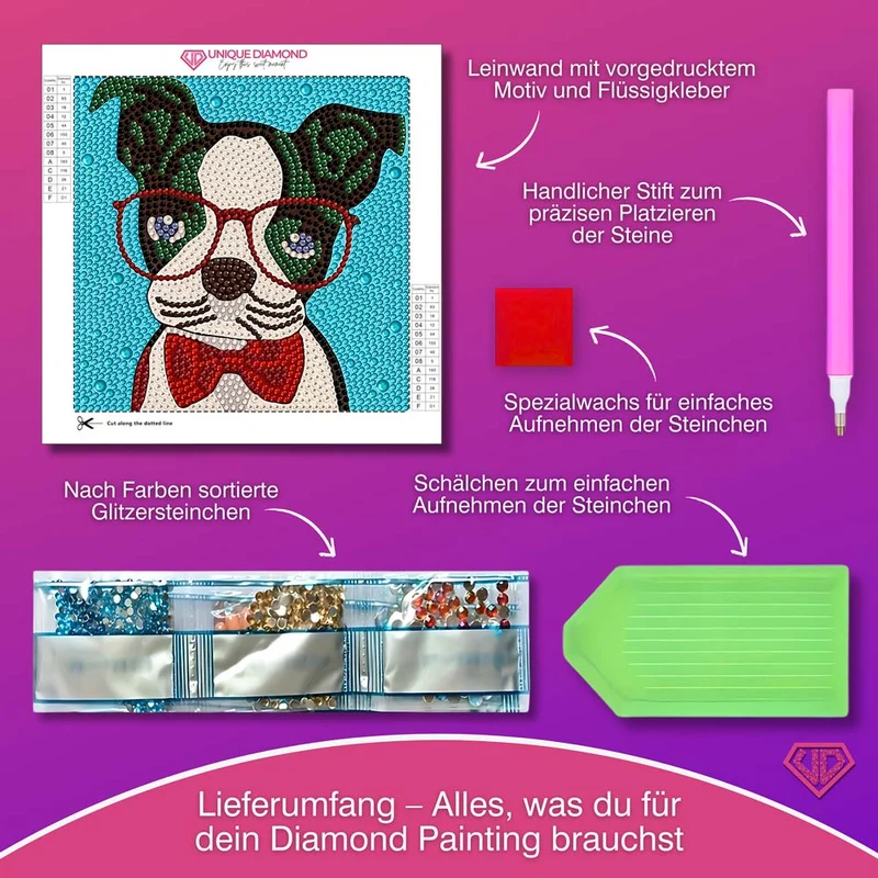 5D Diamond Painting Brillenhund Sir Henry mit Strasssteine