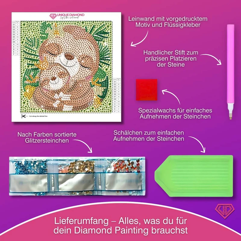 5D Diamond Painting Faultierliebe Mila & Momo mit Strasssteinchen