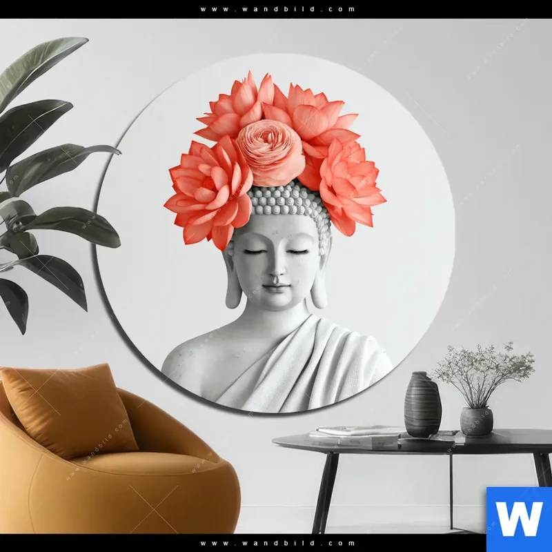 Aluminiumbild gebürstet | Buddha mit Blütenkrone | Rund