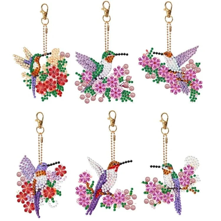 Diamond Painting Schlüsselanhänger Kolibri mit Blüten 6er Set DIY Bastelset