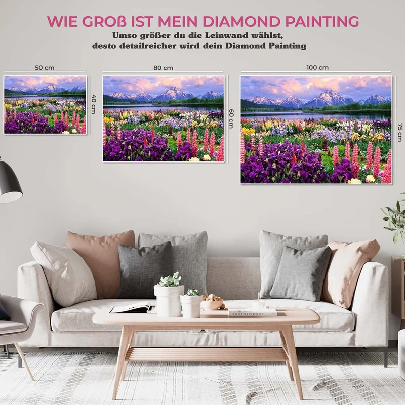 5D Diamond Painting – Blumenfeld in den Bergen