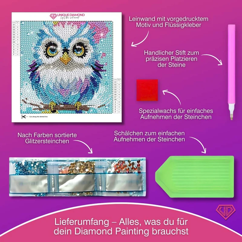 5D Diamond Painting Weisheits-Eule Aurelia mit Strasssteinchen