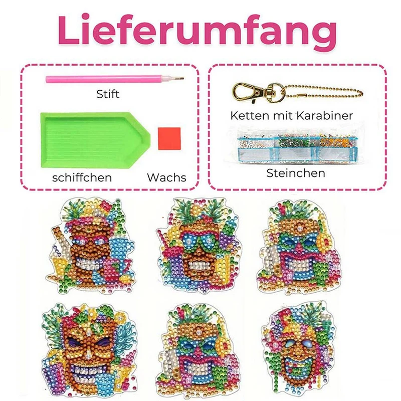 5D Diamond Painting Anhänger – Tiki Tropenparty 6 Stück