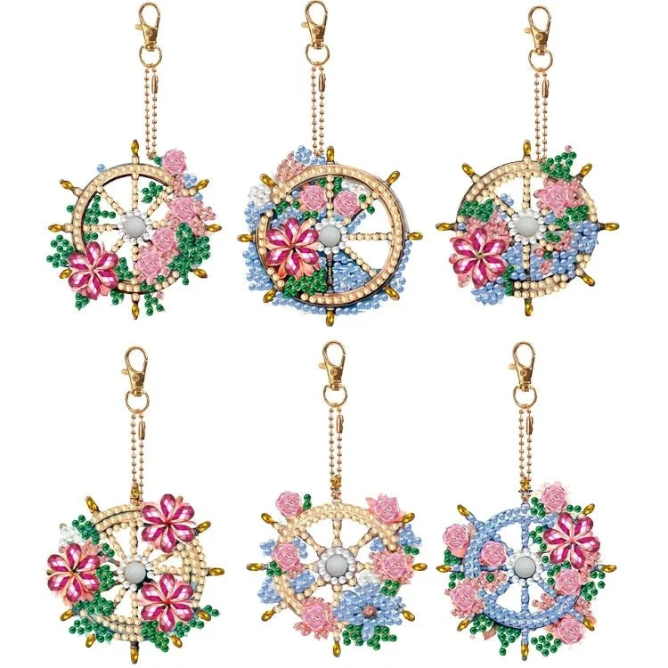 Diamond Painting Schlüsselanhänger Steuerrad mit Blumen 6er Set DIY Bastelset