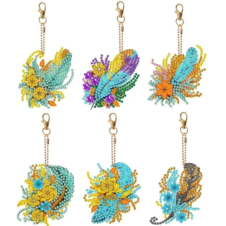 Diamond Painting Schlüsselanhänger Feder mit Blumen 6er Set DIY Bastelset