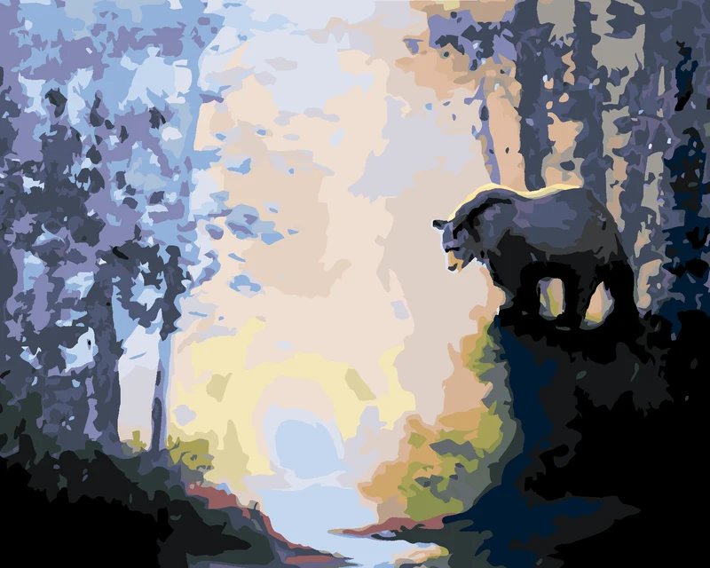 Diamond painting - BÄR AM FLUSS IM WALD UND SONNENUNTERGANG (D. RUSTY RUST)