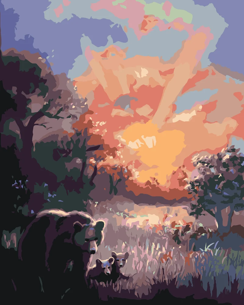 Diamond painting - BÄR MIT JUNGEN UND SONNENUNTERGANG (D. RUSTY RUST)