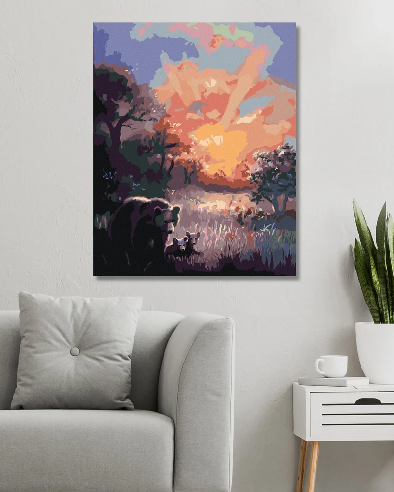 Diamond painting - BÄR MIT JUNGEN UND SONNENUNTERGANG (D. RUSTY RUST)