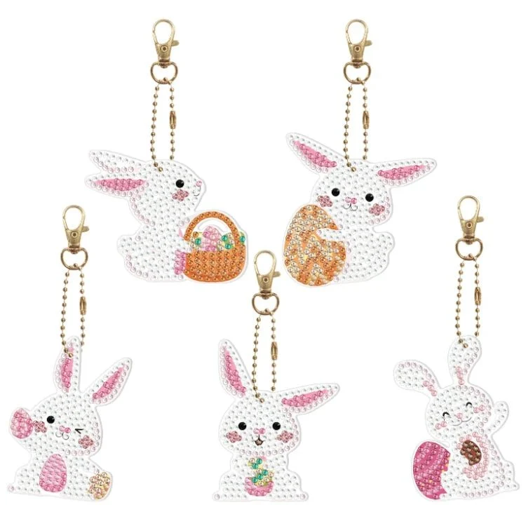 Diamond Painting Schlüsselanhänger Weißer Osterhase 5er Set DIY Bastelset