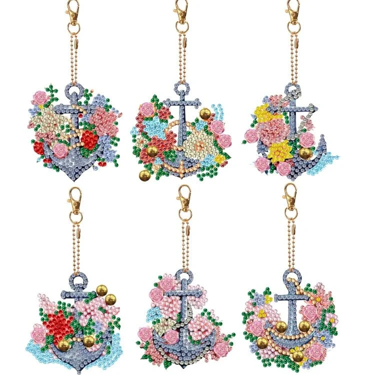Diamond Painting Schlüsselanhänger Anker mit Blumen 6er Set DIY Bastelset