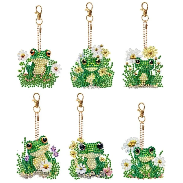 Diamond Painting Schlüsselanhänger Frosch mit Blumen 6er Set DIY Bastelset