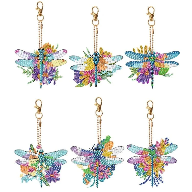Diamond Painting Schlüsselanhänger Libelle auf Blume 6er Set DIY Bastelset
