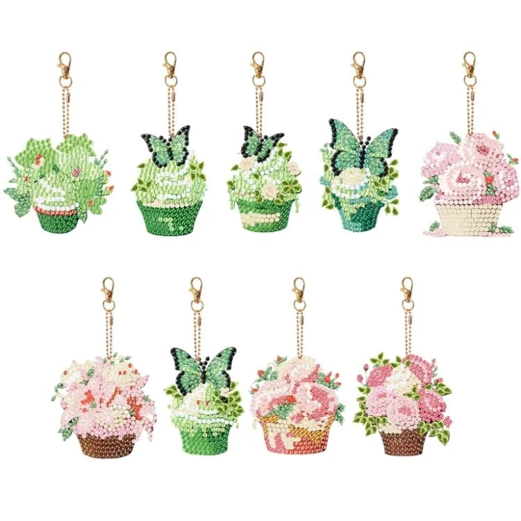 Diamond Painting Schlüsselanhänger Blumen im Korb 9er Set DIY Bastelset