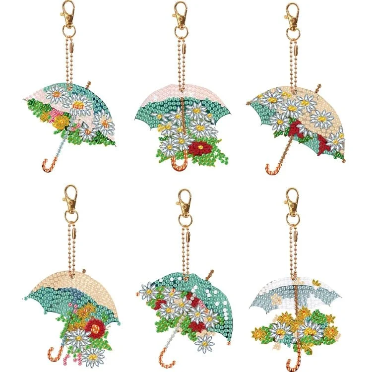 Diamond Painting Schlüsselanhänger Regenschirm mit Blumen 6er Set DIY Bastelset