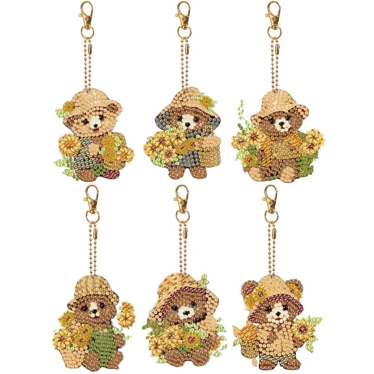 Diamond Painting Schlüsselanhänger Bärchen mit Blumen 6er Set DIY Bastelset