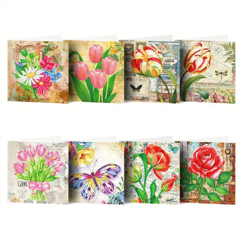 5D Diamond Painting Grußkarten – Vintage Blütenträume 8 Stück