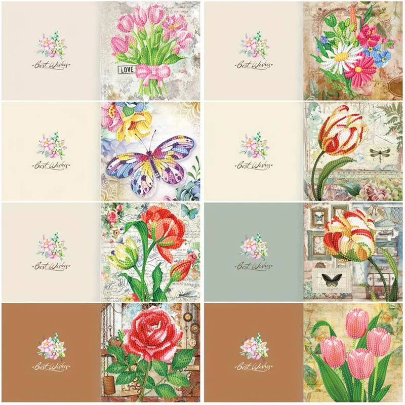 5D Diamond Painting Grußkarten – Vintage Blütenträume 8 Stück