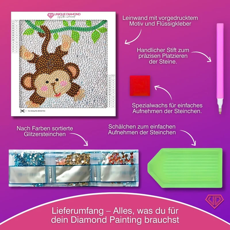 5D Diamond Painting Dschungelspaß mit Chico mit Strasssteinchen