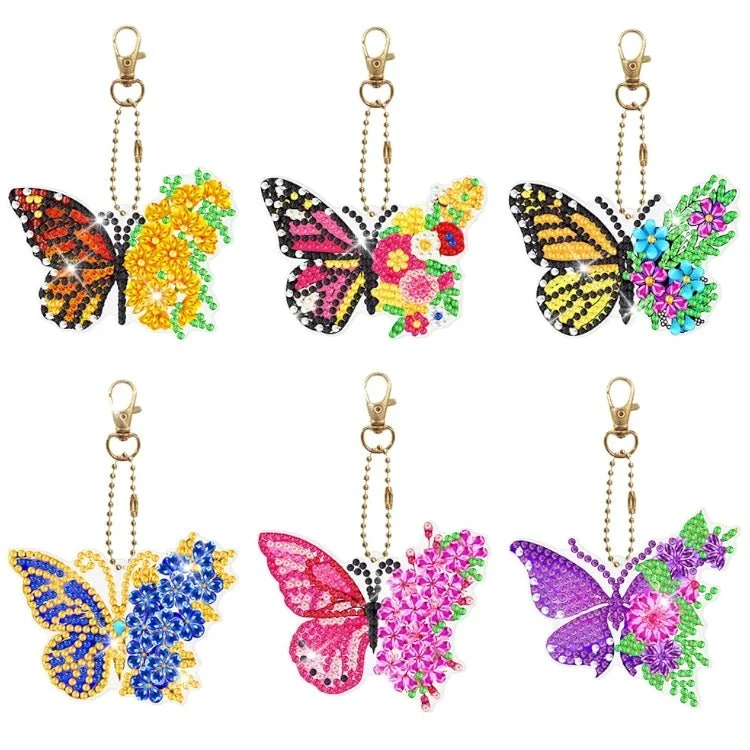 Diamond Painting Schlüsselanhänger Schmetterling mit Blumenflügel 6er Set DIY Bastelset