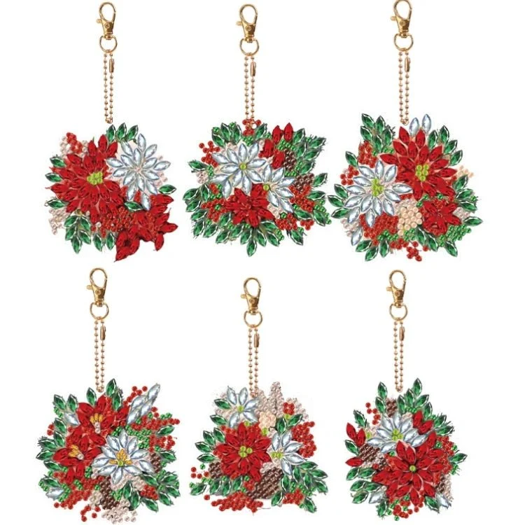 Diamond Painting Schlüsselanhänger Blumenstrauss rot weiss 6er Set DIY Bastelset