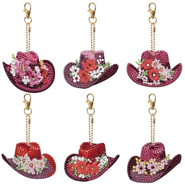 Diamond Painting Schlüsselanhänger Sommerhut mit Blumen 6er Set DIY Bastelset