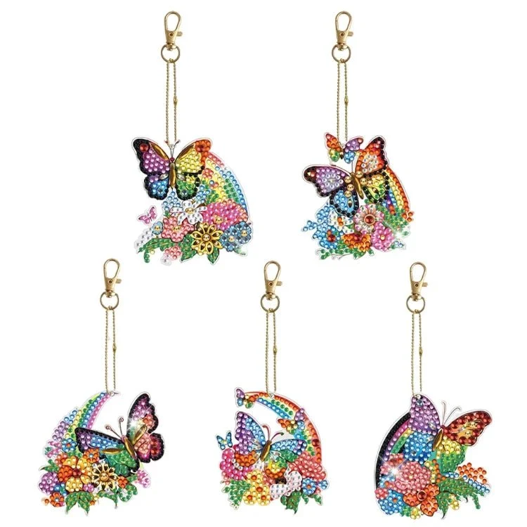 Diamond Painting Schlüsselanhänger Schmetterling und Blumen 5er Set DIY Bastelset
