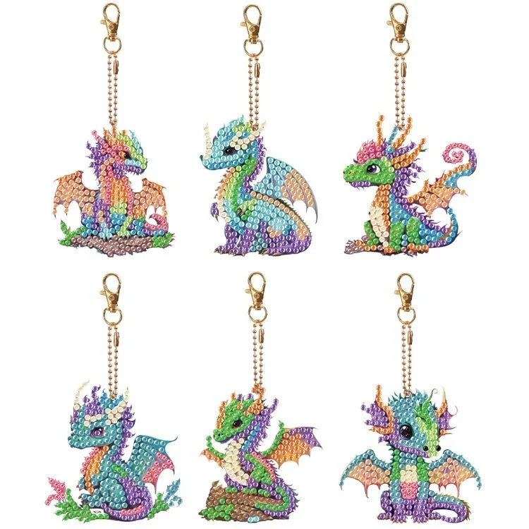 Diamond Painting Schlüsselanhänger Bunte Drachen 6er Set DIY Bastelset